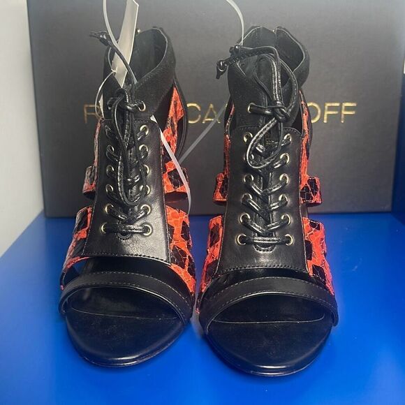 Nib Rebecca Minkoff Black Red Snake Print Lace High Heels Booties 36 / 6 - Picture 3 of 12